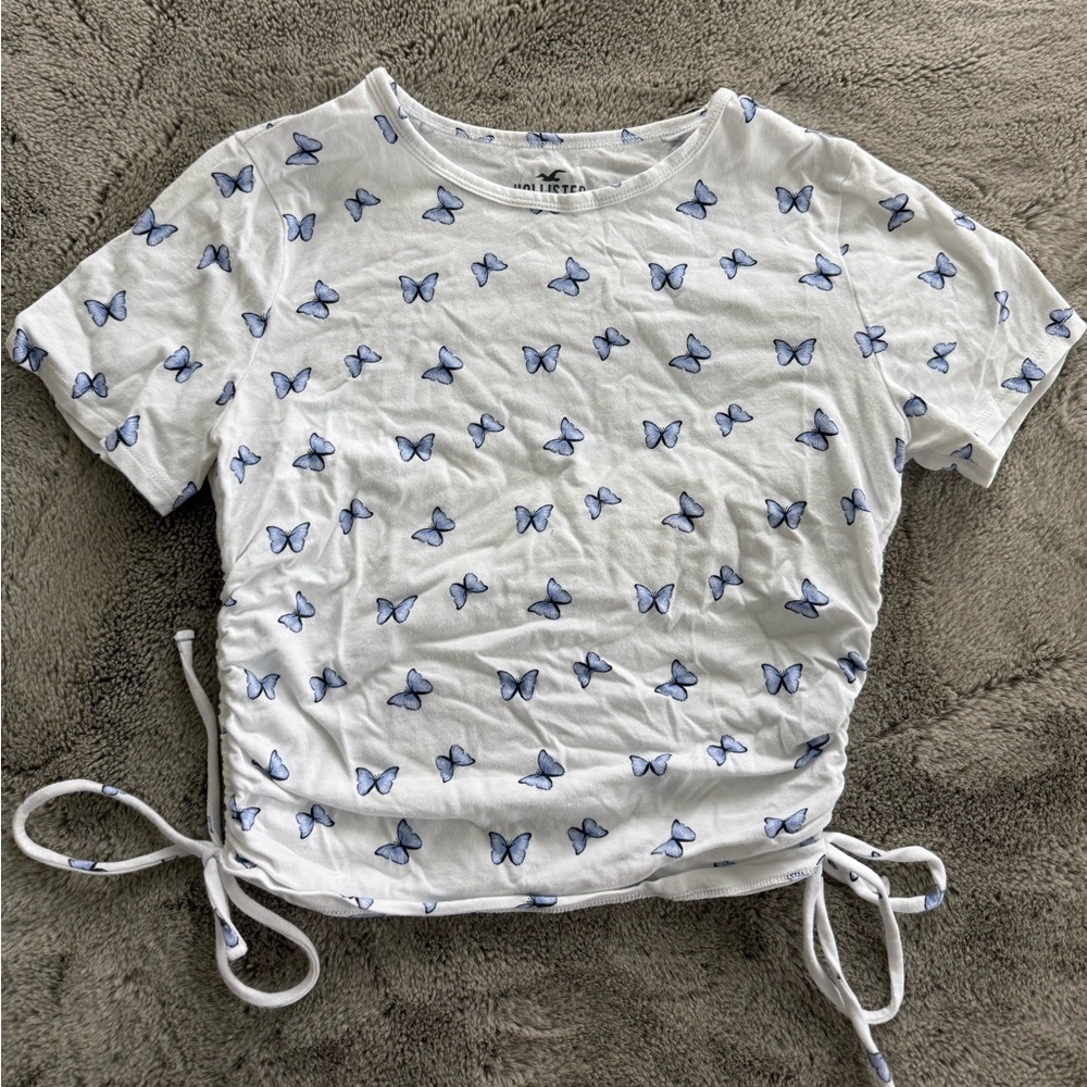 Hollister White Tee with Blue and Purple Butterfly Design